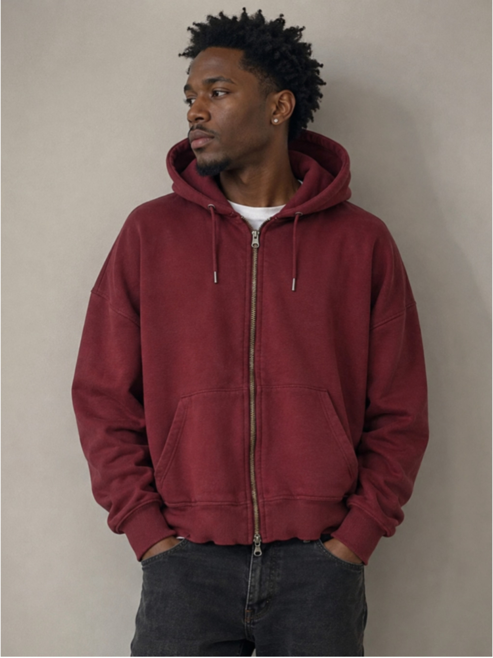 Frank And Oak Burgundy Full Zip Fleece Hoodie - Men's Size M